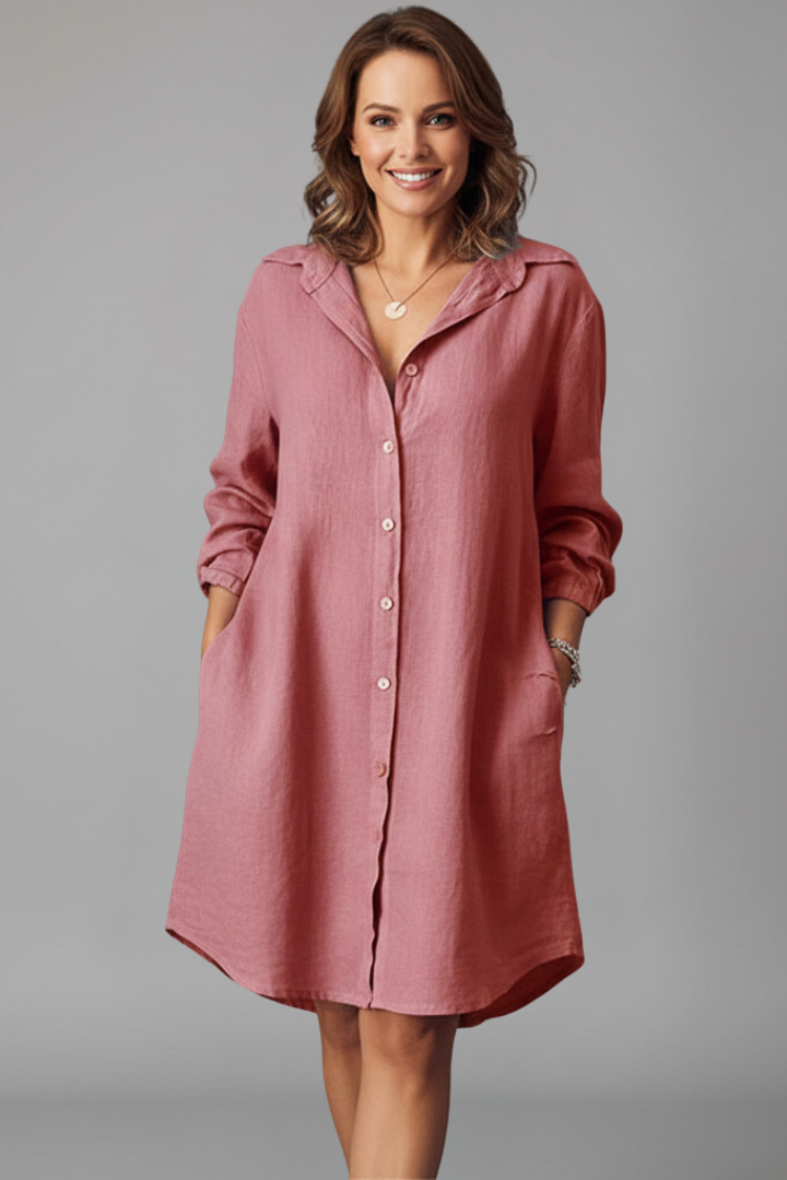 Collared Button Front Long Sleeve Linen Look Shirt Dress 8