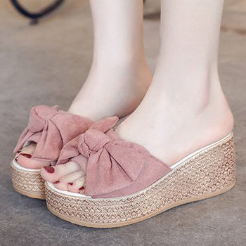 Suede Wedge Heel Sandals Shoes With Bowknot - Mislish