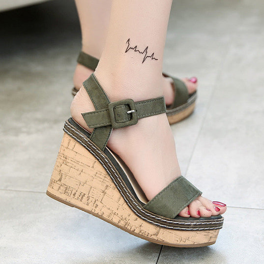 Suede Wedge Heel Sandals With Buckle - Mislish