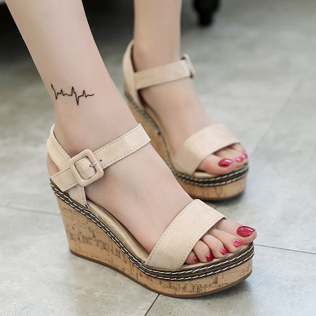 Suede Wedge Heel Sandals With Buckle - Mislish