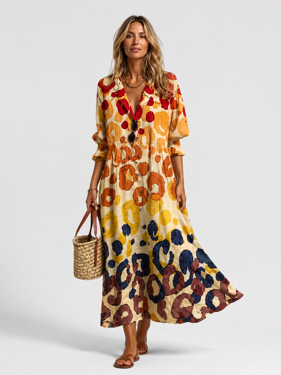 Abstract Spot Print V-Neck Long Sleeve Maxi Shirt Dress 2