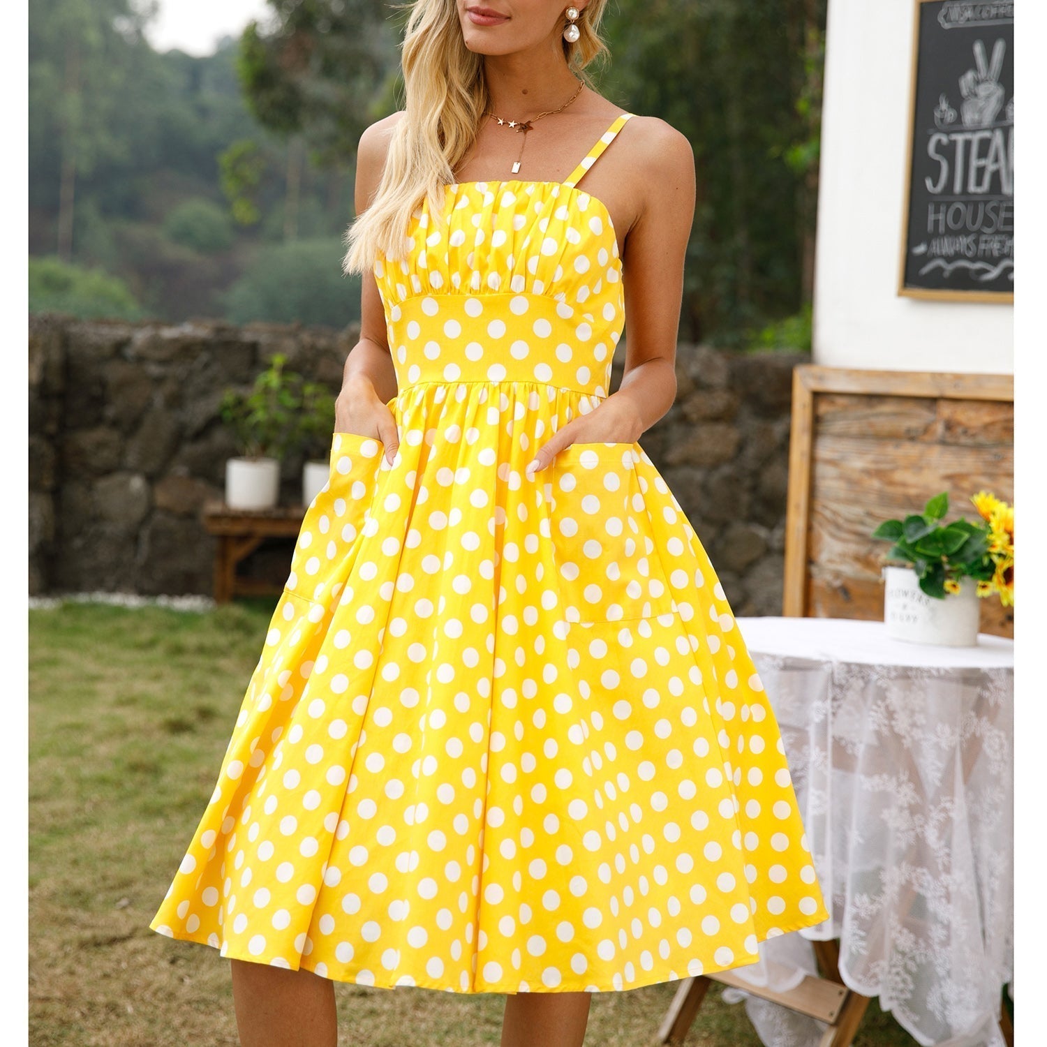 Womens 1950s Retro Rockabilly Princess Cosplay Dress with pockets polka dot apron 50's 60's Party Costume Gown(S-2XL) - Fashionpara
