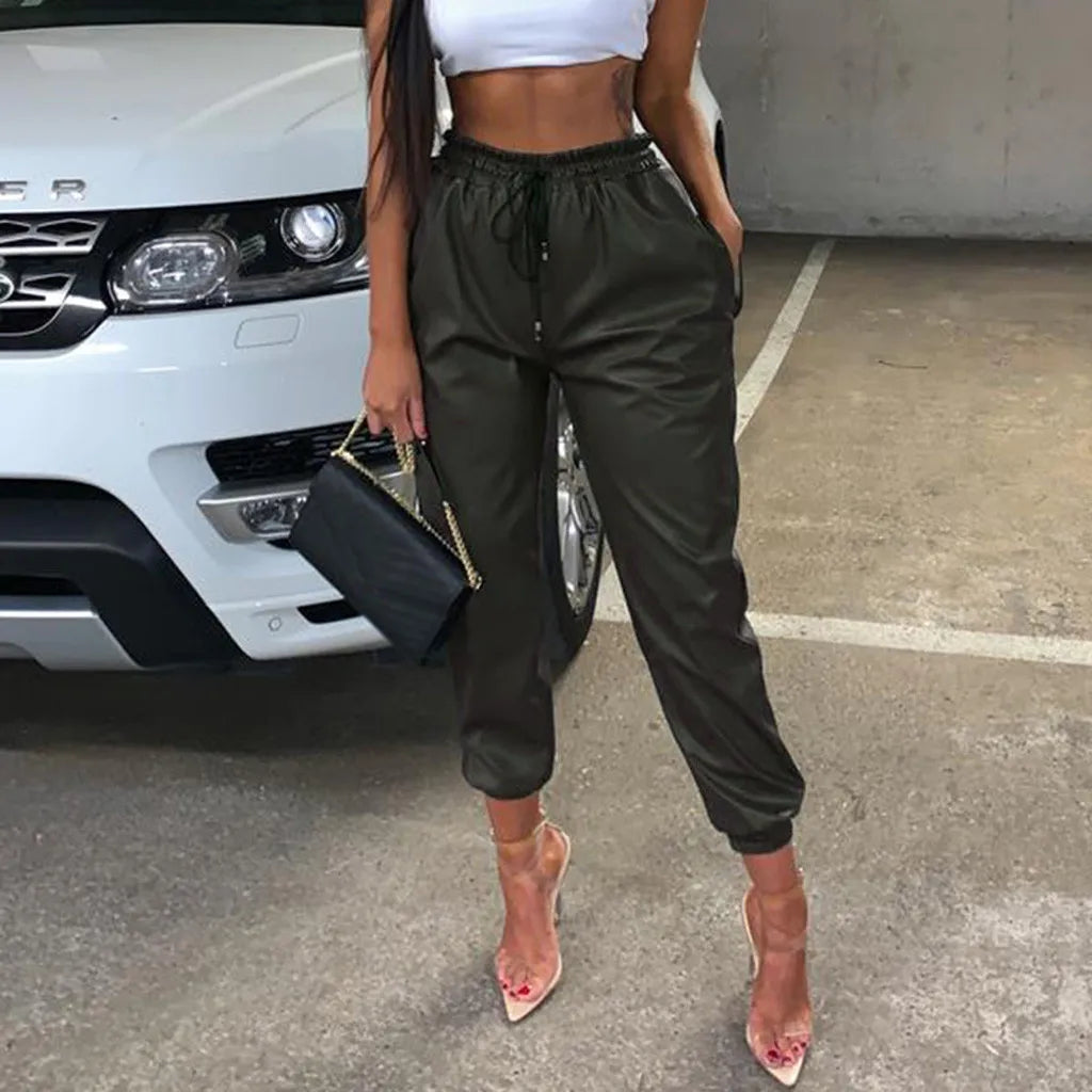 Faux Leather High Waist Joggers Pants