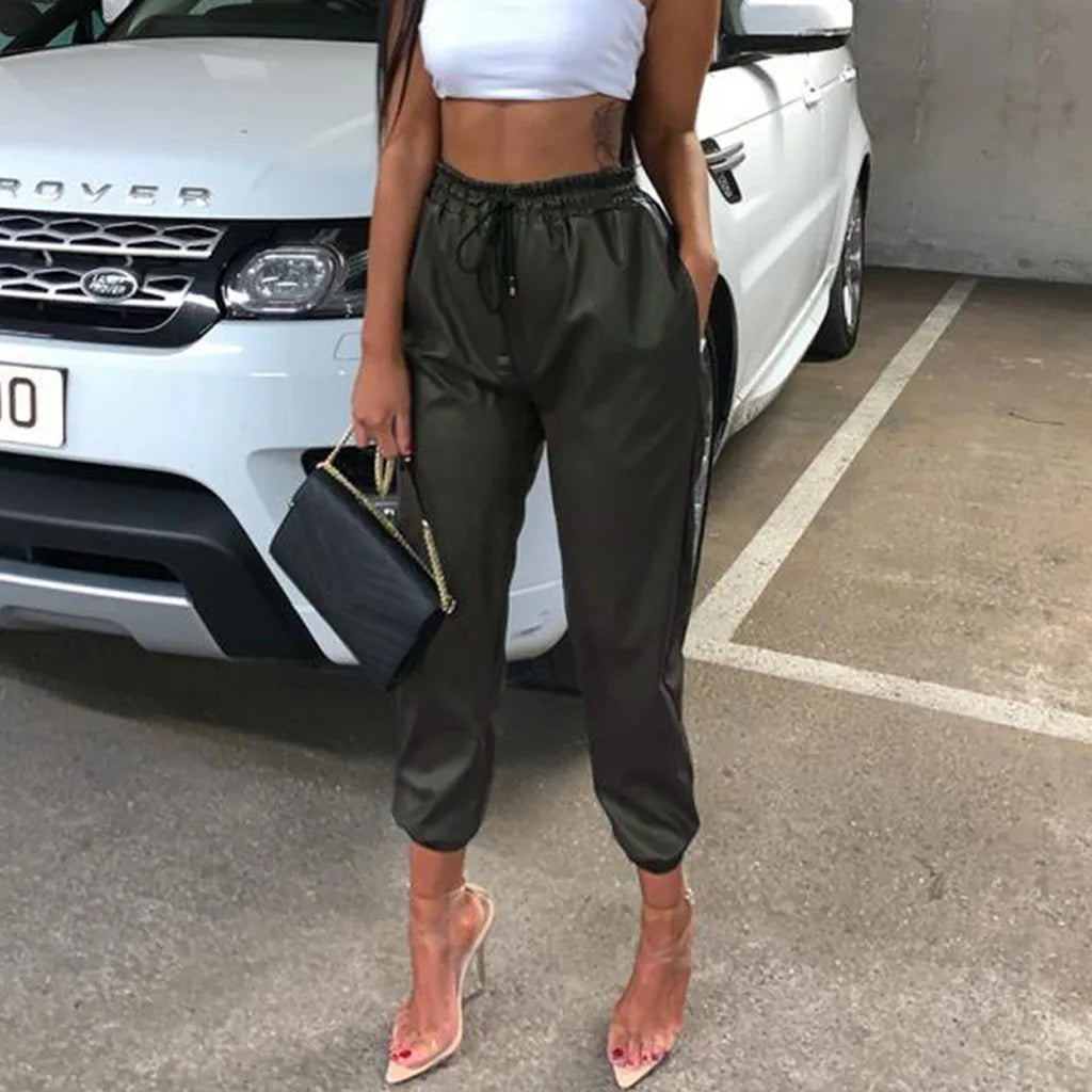 Faux Leather High Waist Joggers Pants