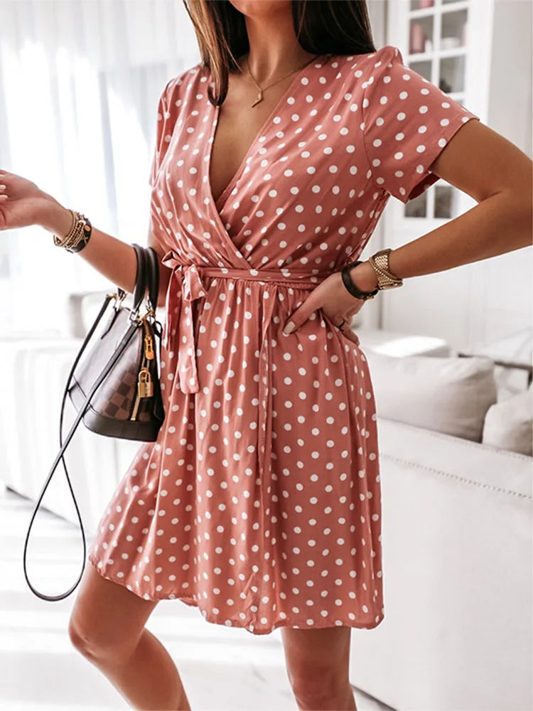 Polka Dot V-Neck Split Boho Midi Dress - Fashionpara