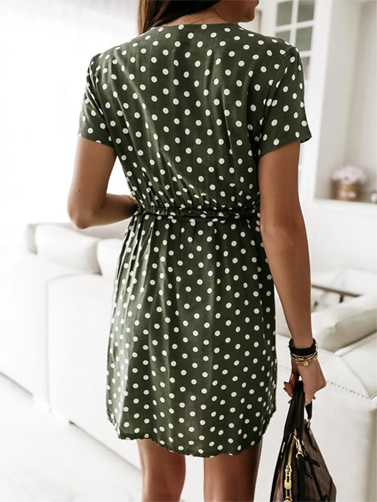 Polka Dot V-Neck Split Boho Midi Dress - Fashionpara