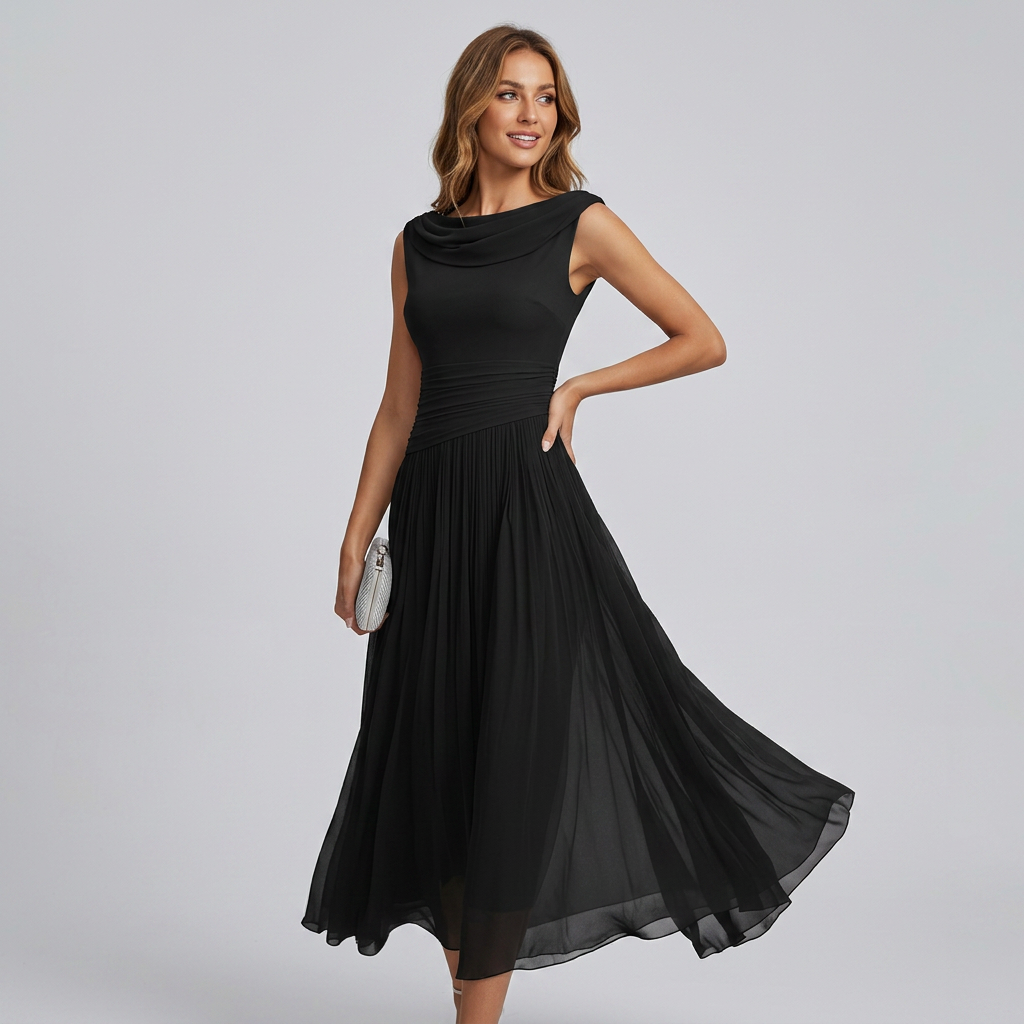 Cowl Neck Sleeveless Pleated A-Line Midi Dress 2