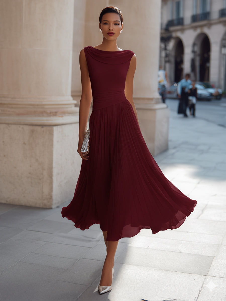 Cowl Neck Sleeveless Pleated A-Line Midi Dress 11