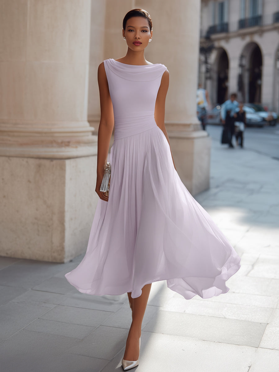 Cowl Neck Sleeveless Pleated A-Line Midi Dress 12