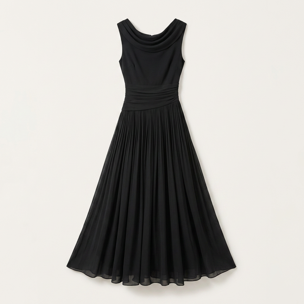 Cowl Neck Sleeveless Pleated A-Line Midi Dress 3
