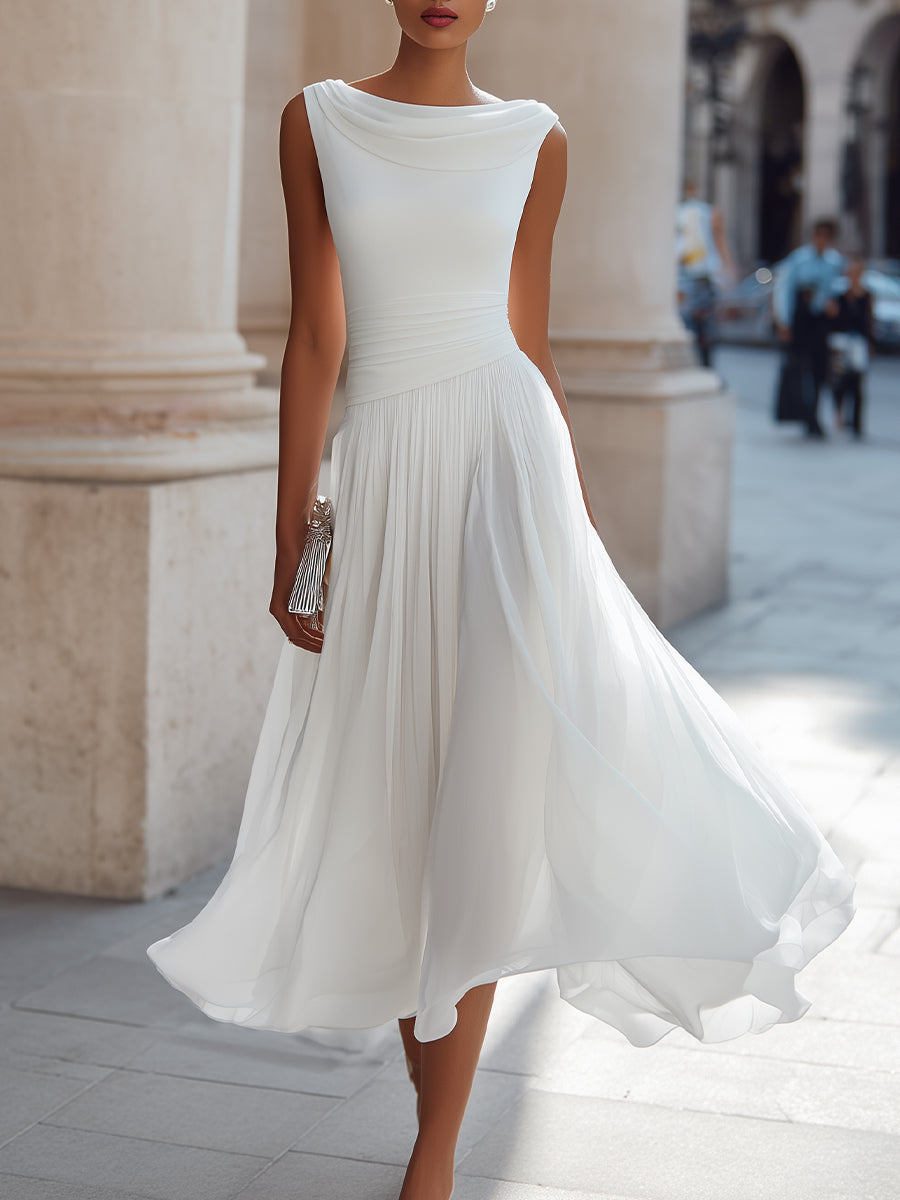 Cowl Neck Sleeveless Pleated A-Line Midi Dress 8