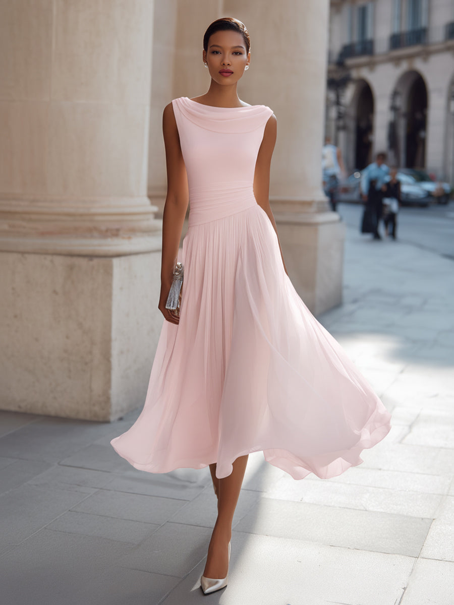 Cowl Neck Sleeveless Pleated A-Line Midi Dress 9