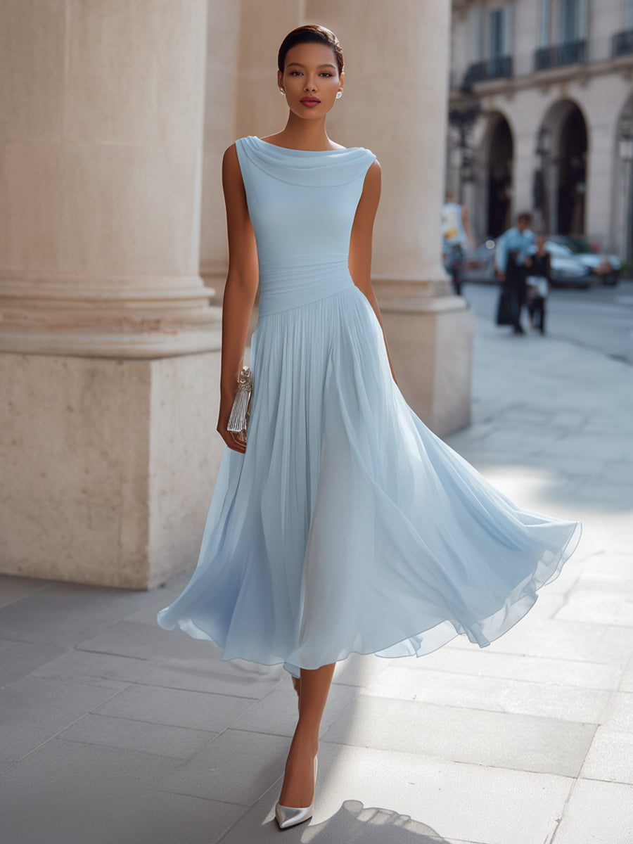 Cowl Neck Sleeveless Pleated A-Line Midi Dress 10
