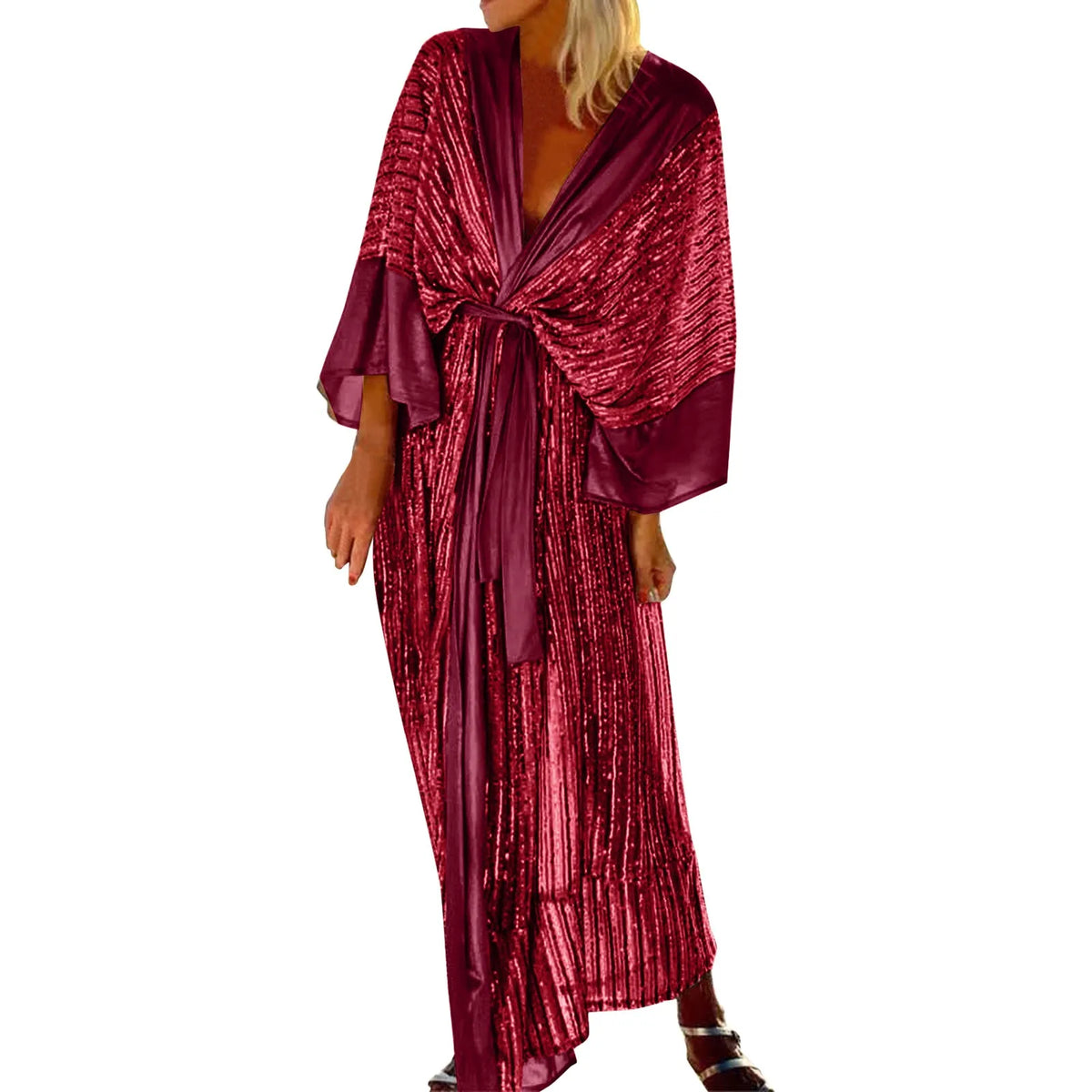 Sequin Cardigan Bat Sleeve Party Holiday V Neck Long Evening Holiday Midi Kimono Cover Up Dress 5