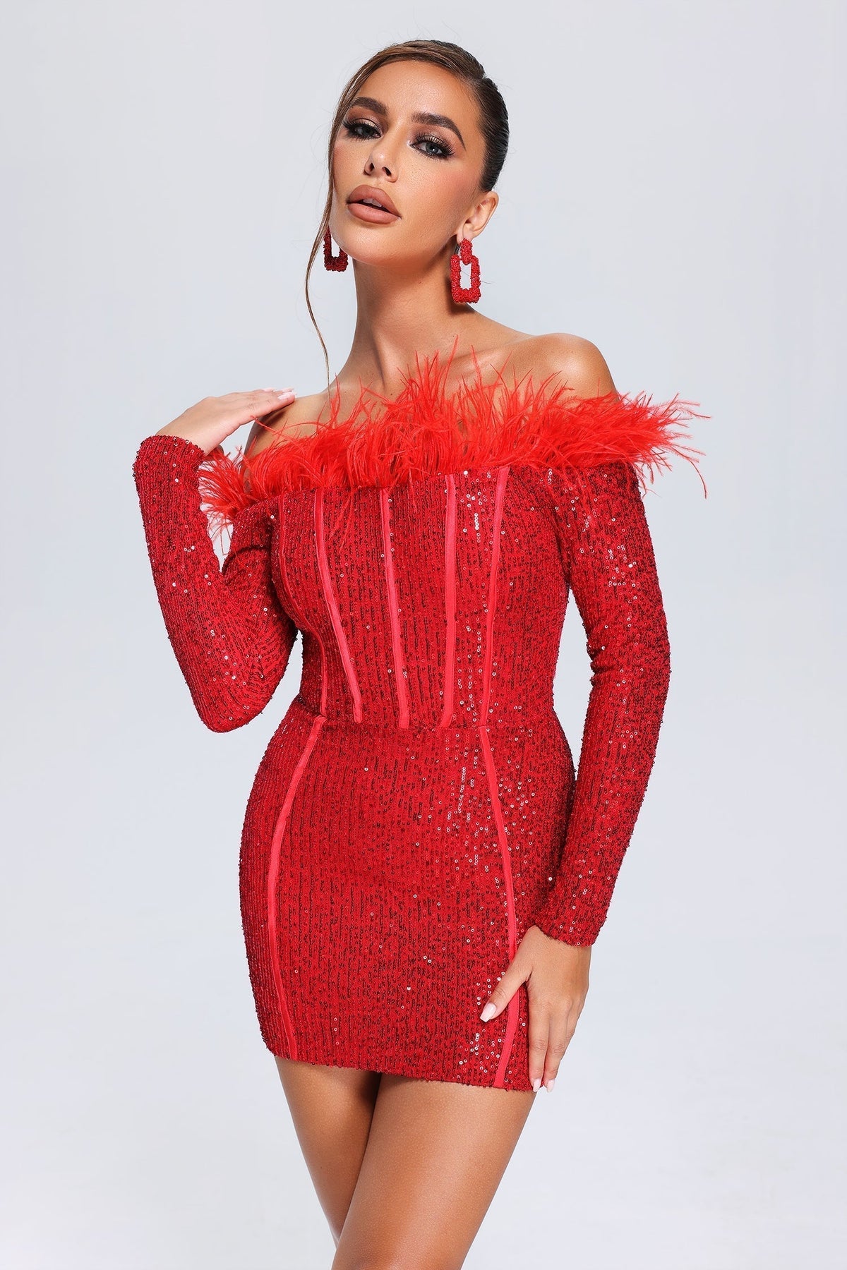 Sequin Off Shoulder Long Sleeve Feather Trim Bodycon Mini Dress