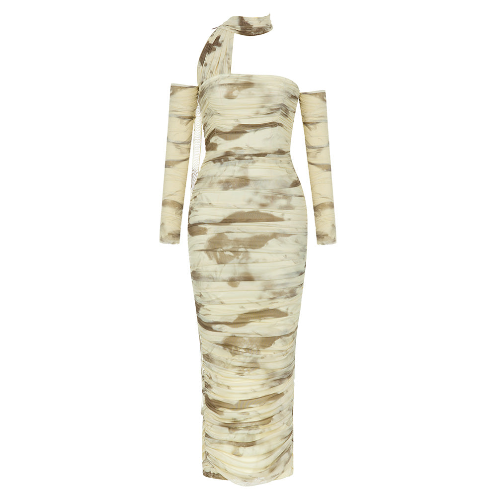 Abstract Print One Shoulder Ruched High Slit Bodycon Maxi Dress