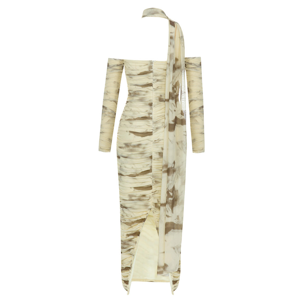 Abstract Print One Shoulder Ruched High Slit Bodycon Maxi Dress