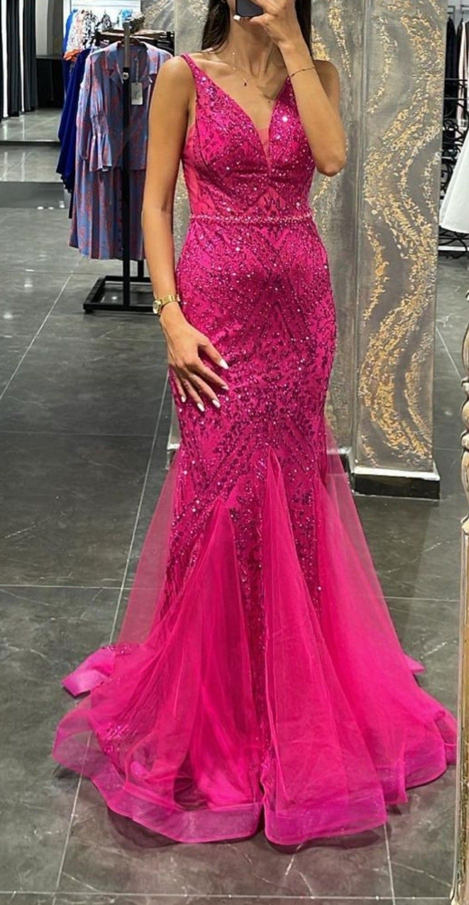 Gorgeous Hot Pink Tulle Sequin Beaded Mermaid Evening Dress Long Birthday Party Dress D1413