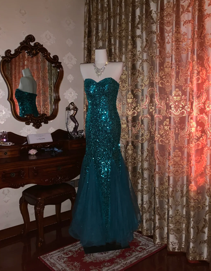 Vintage Strapless Green Tulle Sequin Mermaid Evening Dress Long Wedding Guest Dress Party Gown D1753