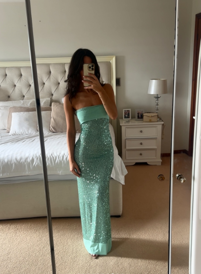 Sparkly Strapless Green Sequin Mermaid Prom Dress Long Party Gown With Ribbon D1032