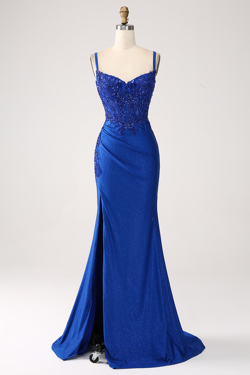 Royal Blue Prom Dress Glitter Mermaid Spaghetti Straps Long Formal Dress with Appliques