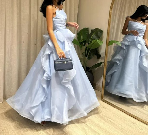 Classy Strapless Blue Organza Pleated Ruffles Long Party Dress Formal Wedding Guest Dress D1543