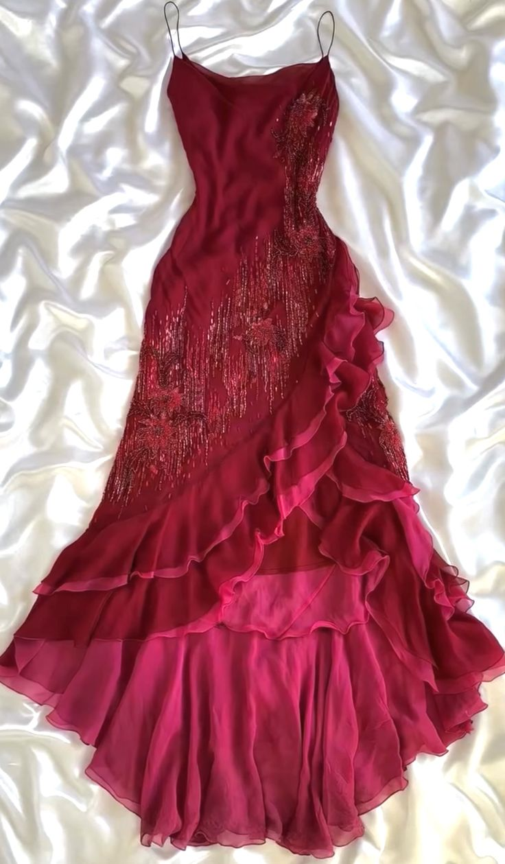 Pretty Burgundy Spaghetti Straps Chiffon Sequin Beaded Ruffle Mermaid Evening Dress Long Party Gown D1481