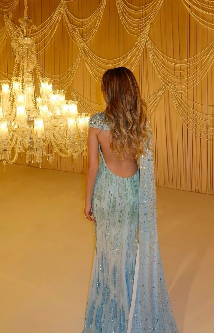 Pretty Ombre Blue Chiffon Sequin Beaded Mermaid Long Party DressBackless Evening Gown D1735