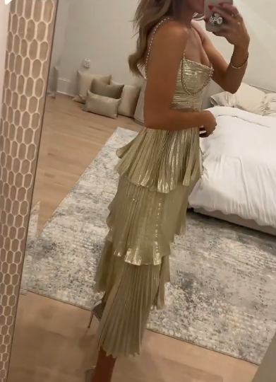 Stylish Gold Spaghetti Straps Satin Pleated Layered Long Wedding Guest Dress Evening Dress D1326