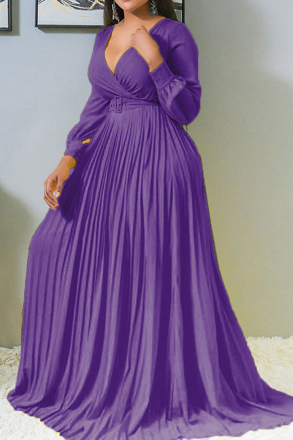 Cross V-neck Solid Color Pleated Maxi Dress (Plus Size)  Fashionpara