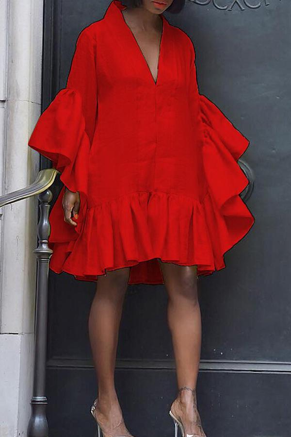 V-neck Loose Ruffled Elegant Midi Dress  Fashionpara