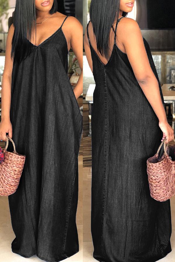 Fashion Loose Casual Sleeveless Denim Maxi Dress no pockets  Fashionpara