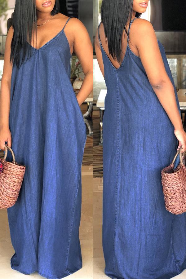 Fashion Loose Casual Sleeveless Denim Maxi Dress no pockets  Fashionpara