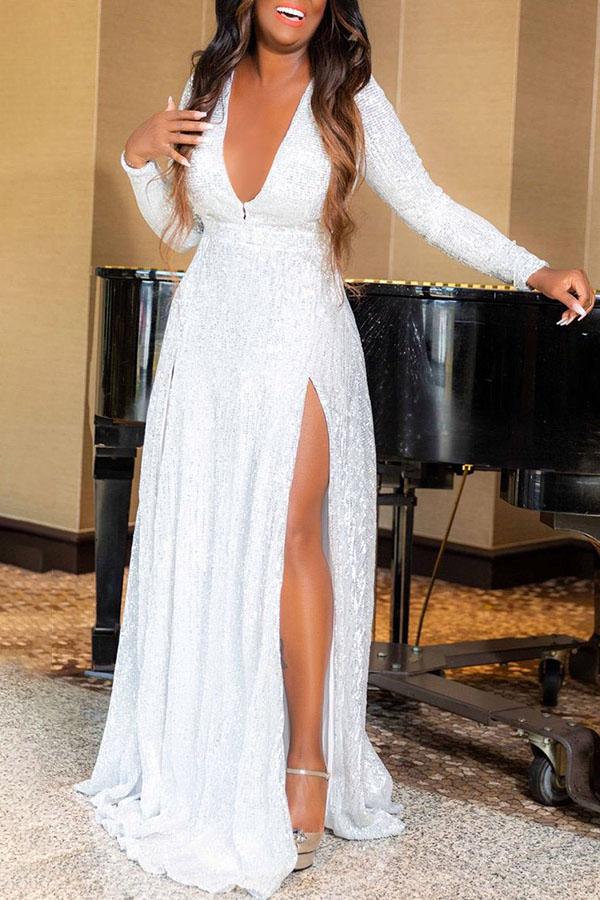 V-neck Sequined Slit Maxi Evening Dress - Fashionpara