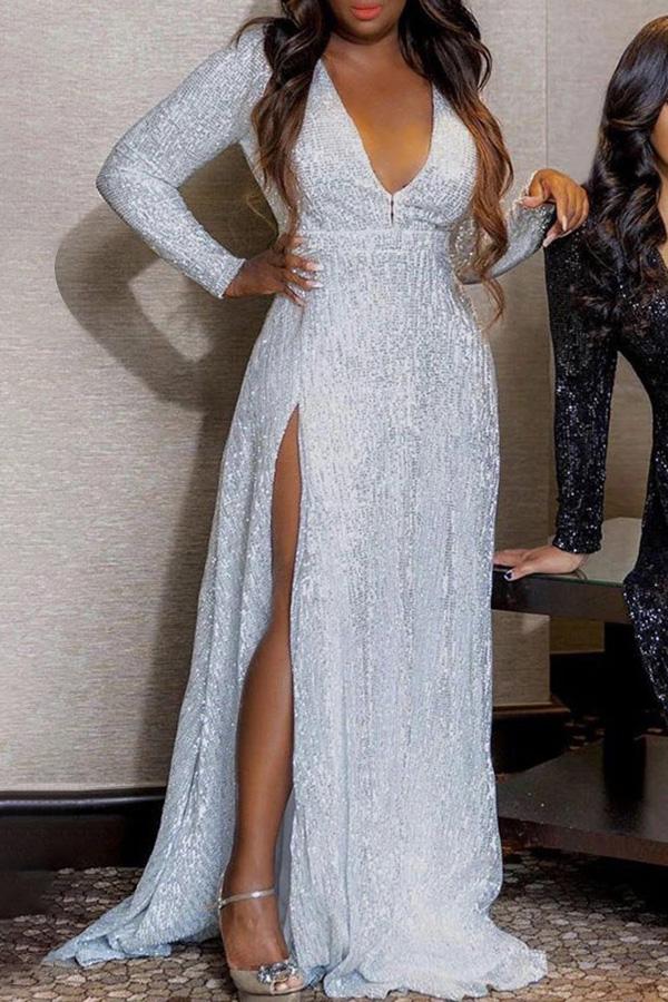 V-neck Sequined Slit Maxi Evening Dress - Fashionpara