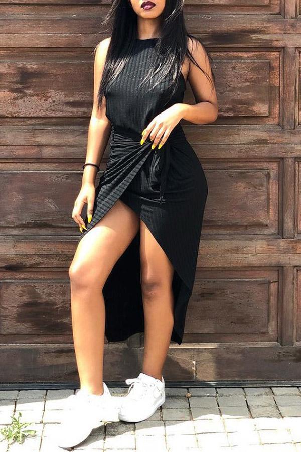 Asymmetric Pleated Solid Color Sleeveless Striped Dress  Fashionpara