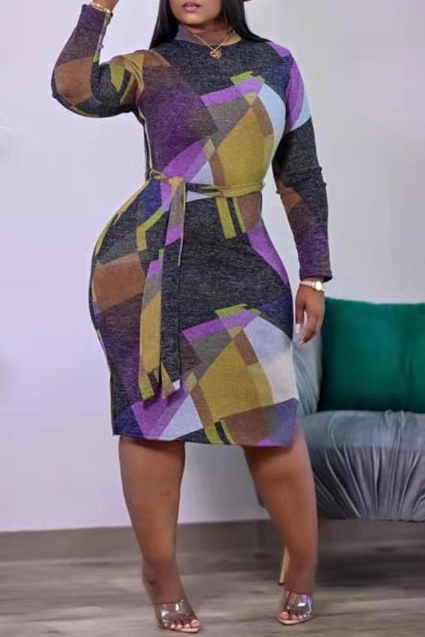 Colorblock Geometric Print Midi Dress With Belt  Fashionpara