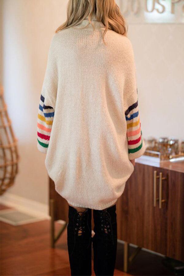 Rainbow Striped Turtleneck Pullover Mid-length Sweater Dress  Fashionpara