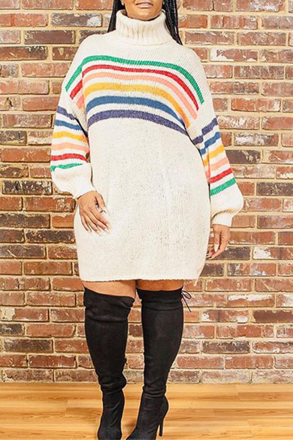 Rainbow Striped Turtleneck Pullover Mid-length Sweater Dress  Fashionpara