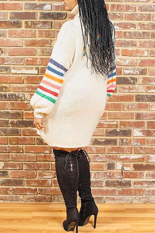 Rainbow Striped Turtleneck Pullover Mid-length Sweater Dress  Fashionpara