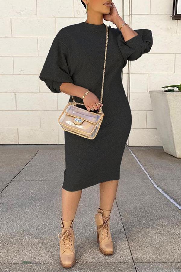 Five-point Lantern Sleeve Loose Casual Plus Size Midi Dress  Fashionpara