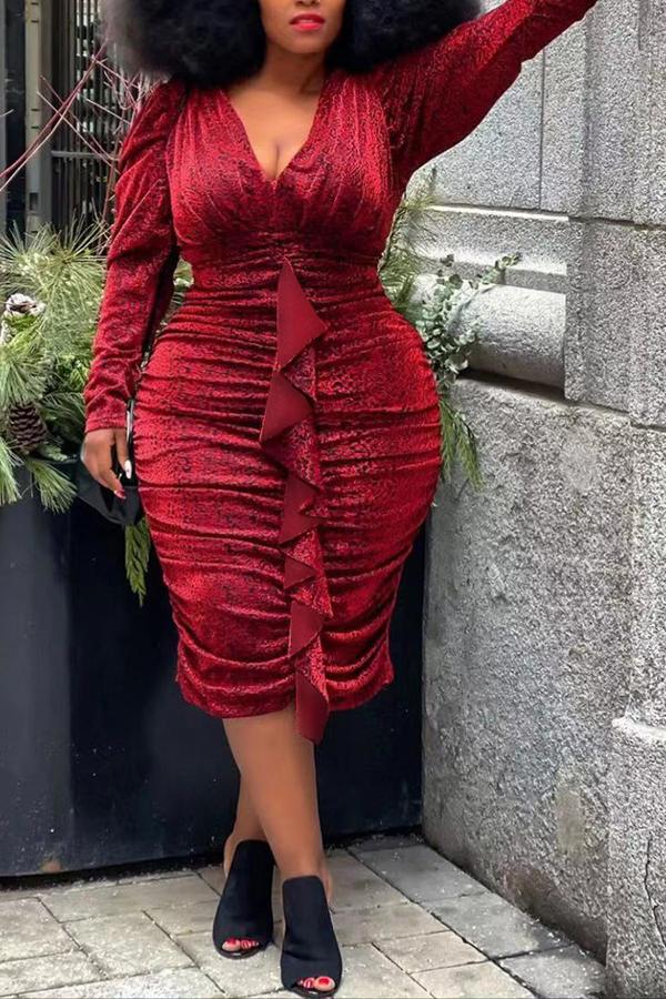 Plus Size Loose Solid Color Ruffled Pleated Velvet Midi Dress  Fashionpara