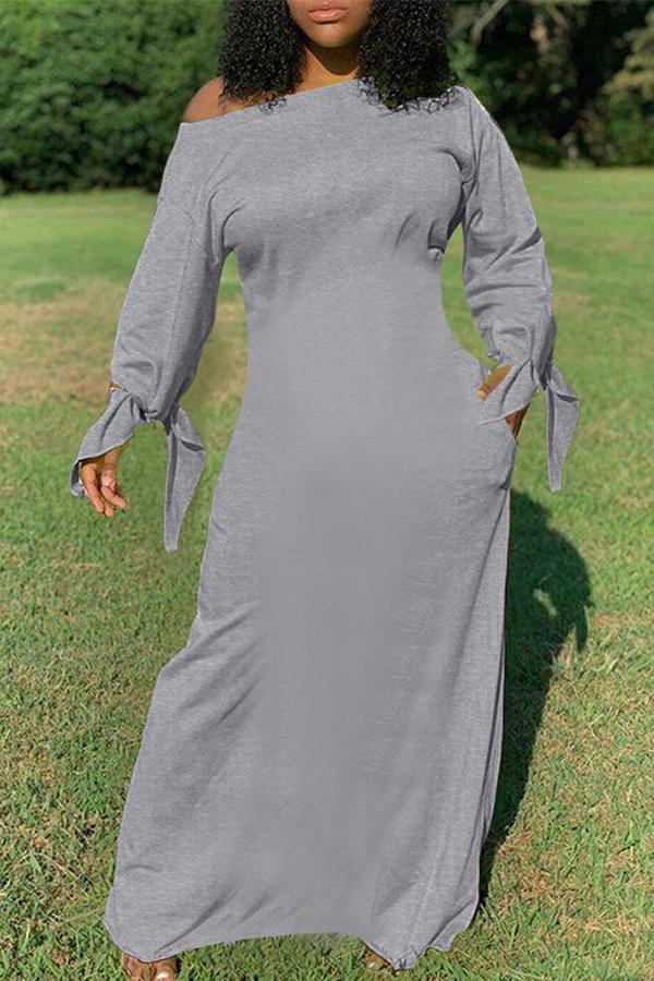 Pure Color Knotted Long Sleeve Casual Pocket Maxi Dress Plus Size  Fashionpara