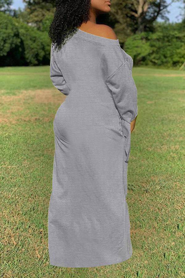 Pure Color Knotted Long Sleeve Casual Pocket Maxi Dress Plus Size  Fashionpara