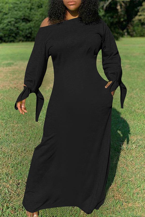 Pure Color Knotted Long Sleeve Casual Pocket Maxi Dress Plus Size  Fashionpara