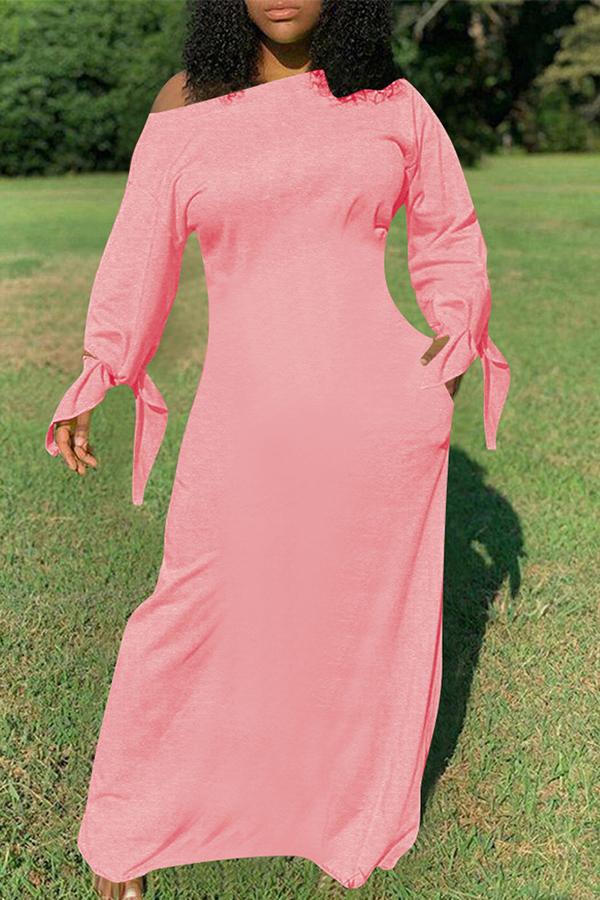 Pure Color Knotted Long Sleeve Casual Pocket Maxi Dress Plus Size  Fashionpara