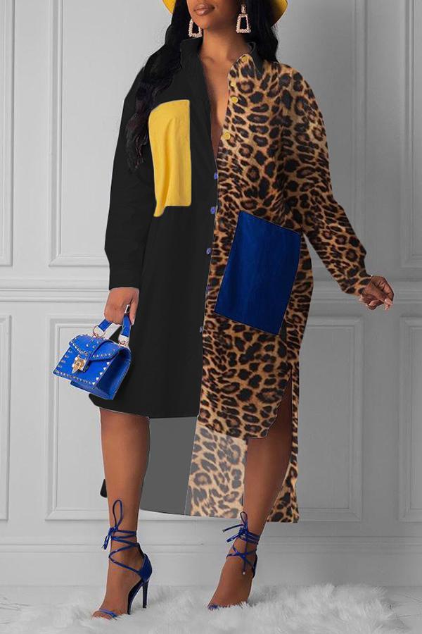 Leopard Print Patchwork Patch Pocket Shirt Dress  Fashionpara