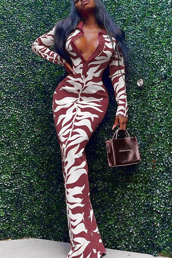 Lapel Single-breasted Fashion Printed Maxi Dress  Fashionpara