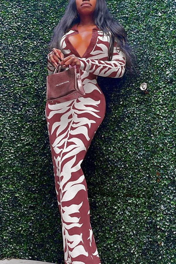 Lapel Single-breasted Fashion Printed Maxi Dress  Fashionpara