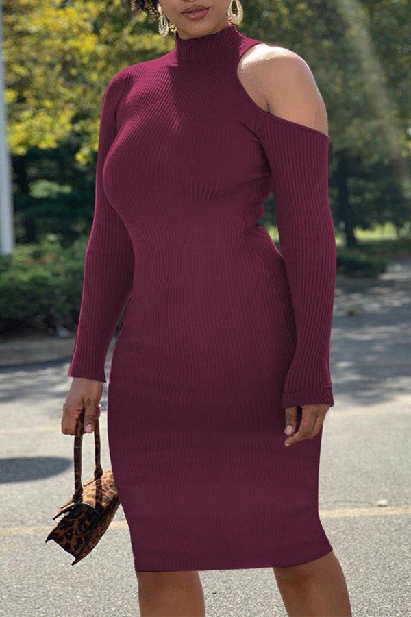 Asymmetrical Hollow Long-sleeved Elegant Knitted Dress  Fashionpara